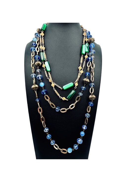 Vintage Jewelry - Vintage Station Bead Necklaces Green Blue Glass Beads Gold Tone 36" 48" 1960s